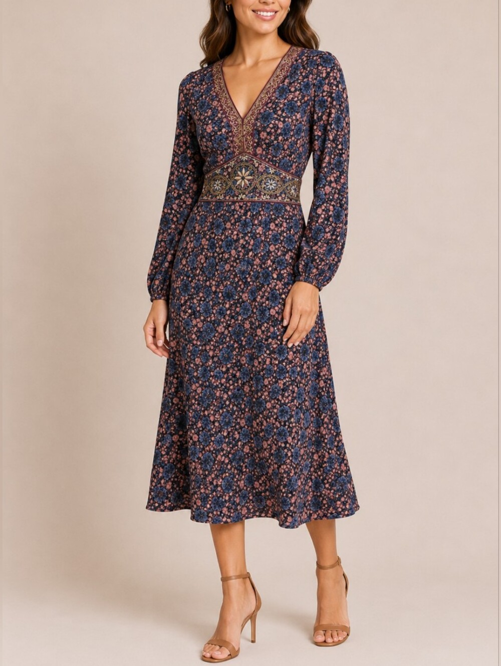 NKN Nekane Floral V-Neck Maxi Dress in Blue and Pink Medium